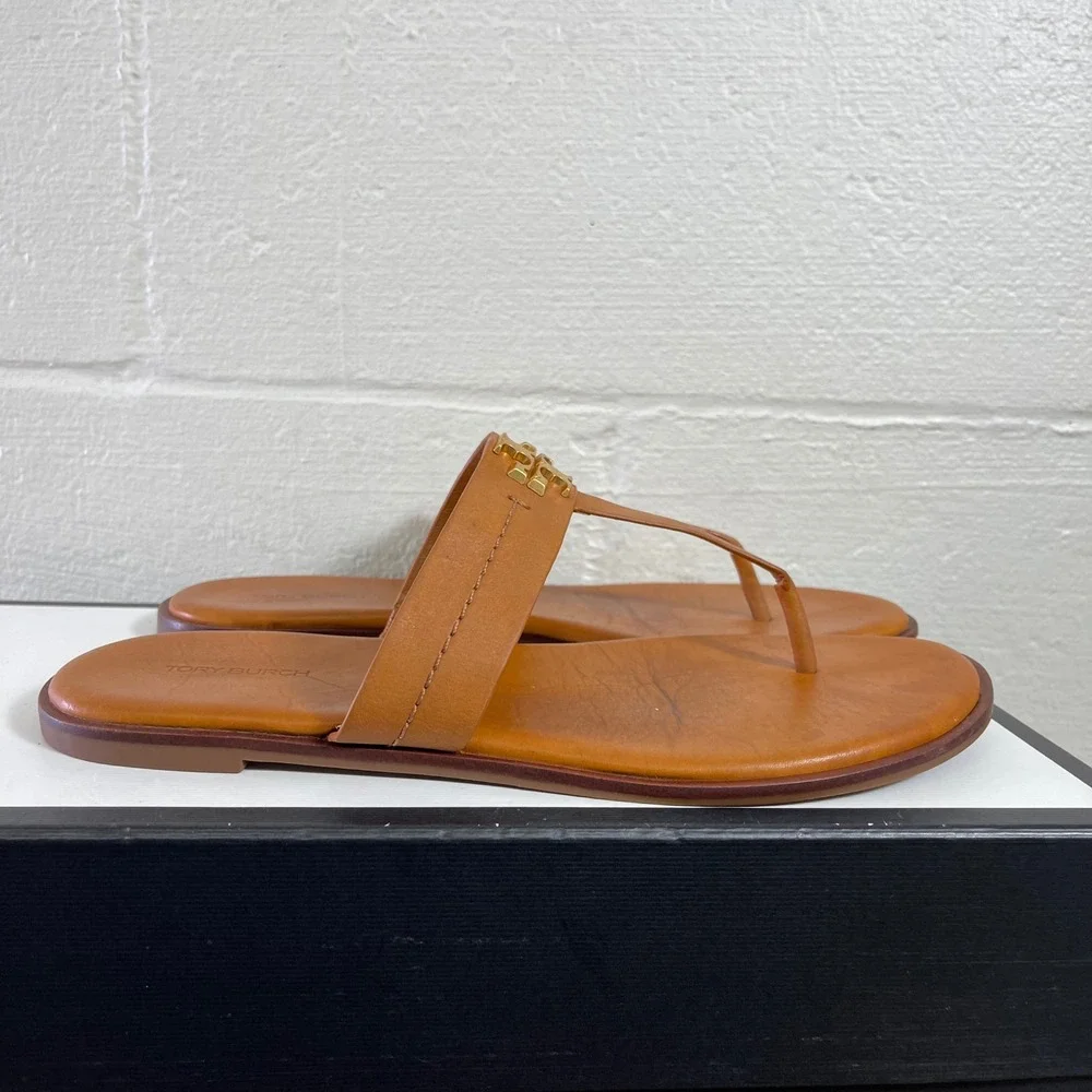 Tory Burch Mini Everly Flat Sandals Brown Leather Slip On Women's Size 10 US
